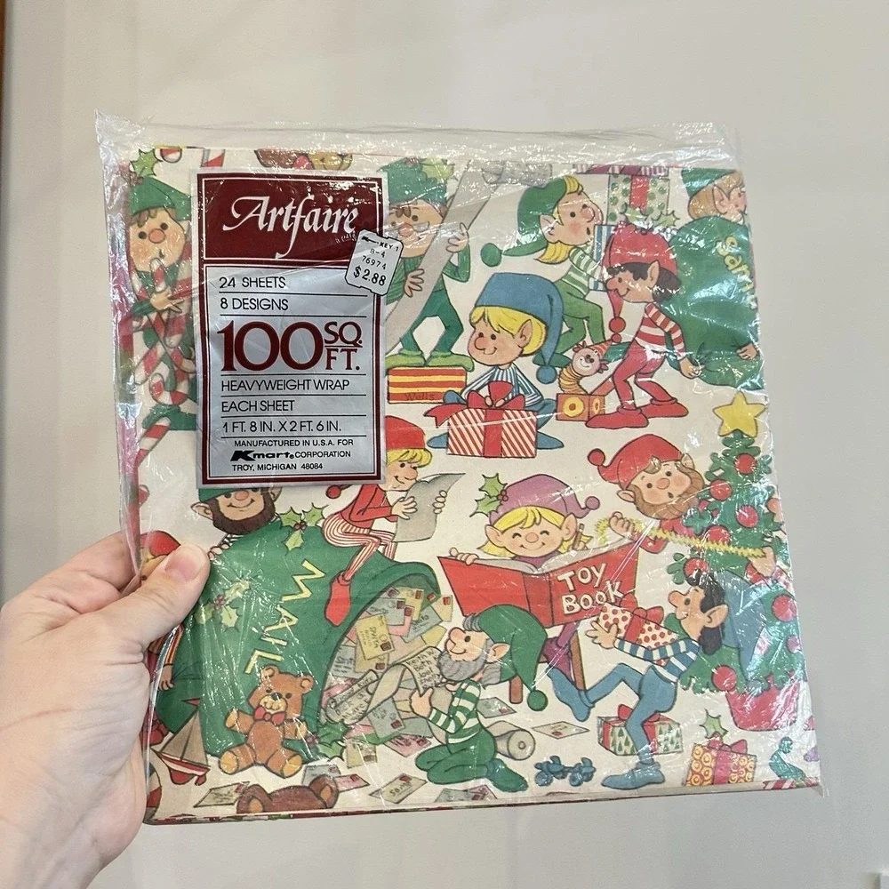 VTG Artfaire Christmas‎ Gift Wrapping Paper 1960's Kmart 100 Sq Ft Elves Santa